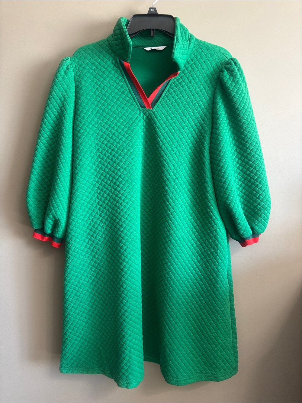 Fun Quilted Dress Green with Red Trim